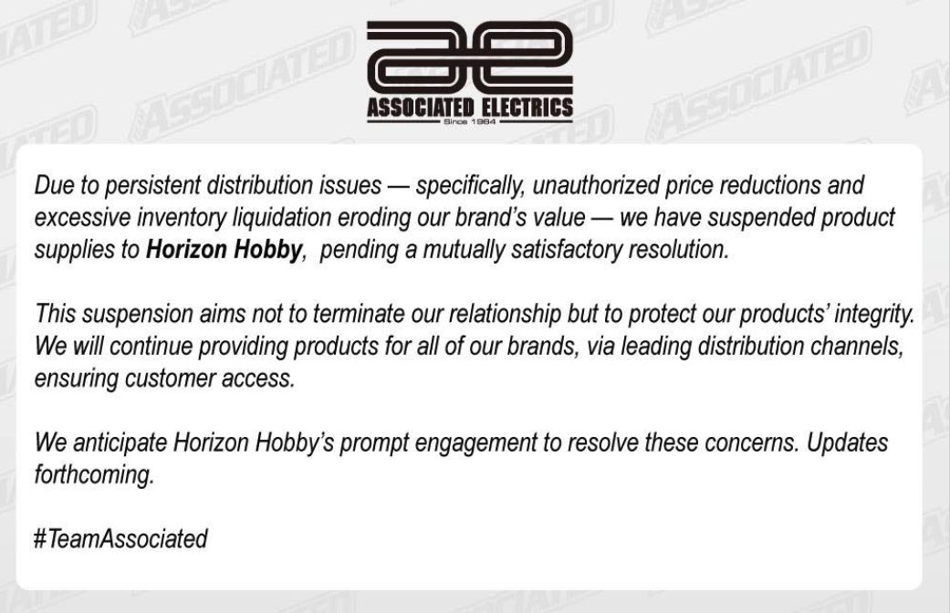 HORIZON HOBBYとASSOCIATED ELECTRICSの間で問題発生 | アソシが一時ホライゾンへの供給を停止中 (1)
